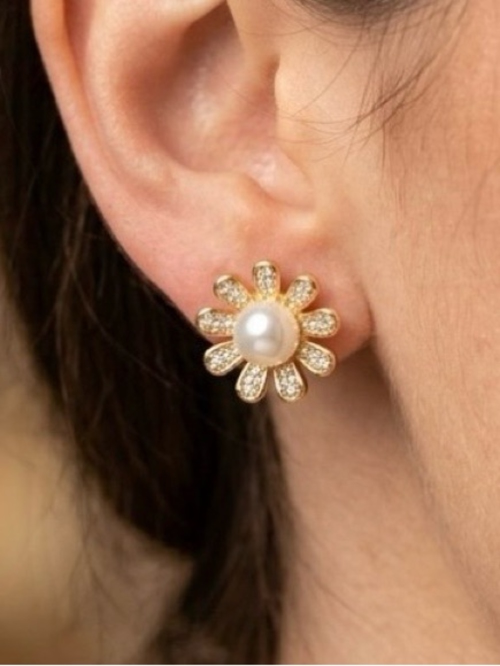 Gold Pearl & CZ Daisy Stud Earrings - Elegant Floral Accent